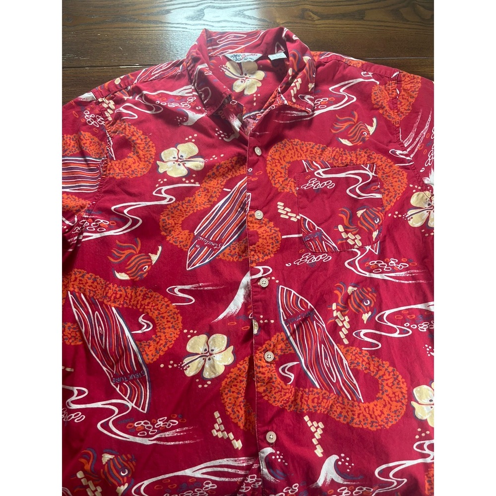 VTG Structure Hawaiian Aloha Print Fish Surf Short Sleeve Button Shirt Red L